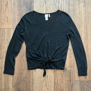 H&M 100% Linen Tie Front Long Sleeve V Neck Crop Top Black XS X-Small